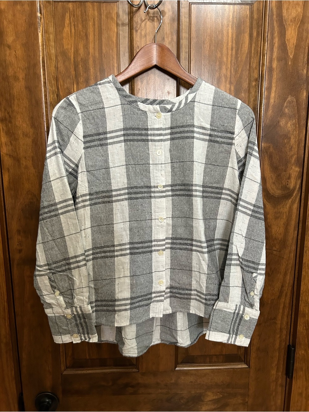 Madewell Plaid Collarless Button Down High-Low Shirt Grey White Medium (L-16)